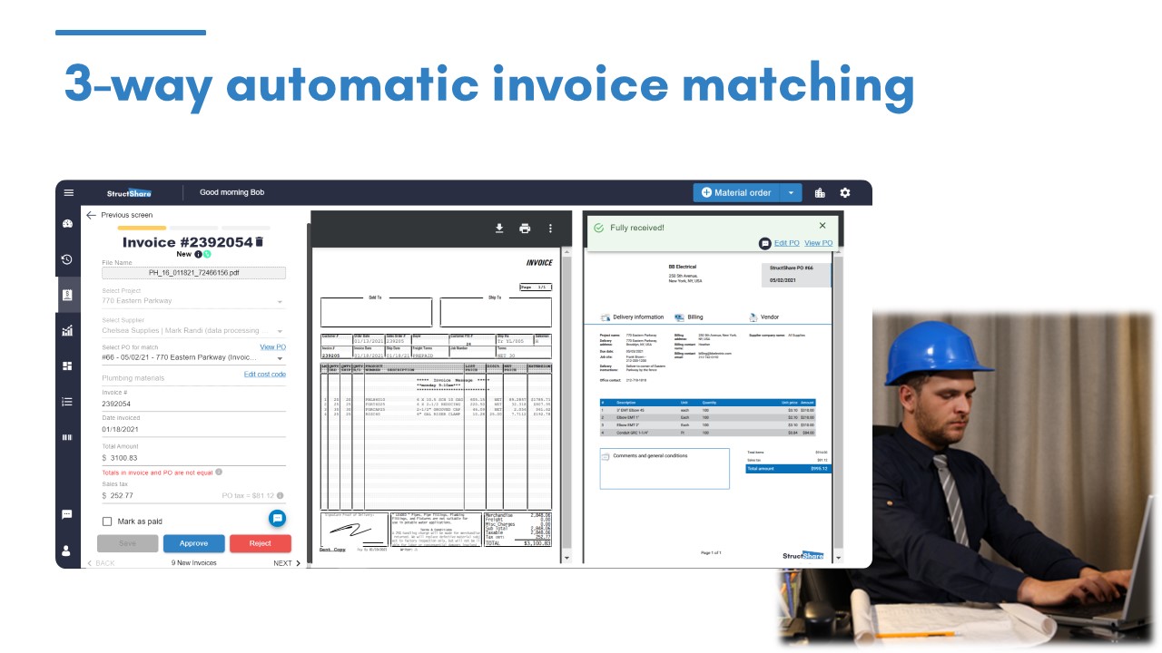 Trimble Materials screenshot: 3-Way automatic invoice matching