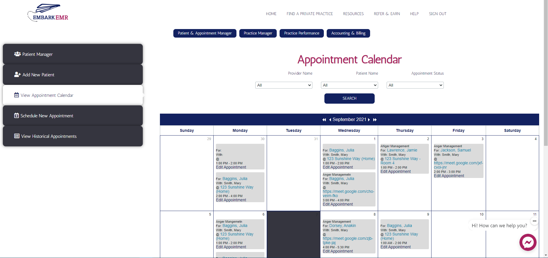 EmbarkEMR screenshot: Manage and schedule new appointments directly from the app!  Automated appointment reminders can be sent out via text and email for any newly scheduled appointment.