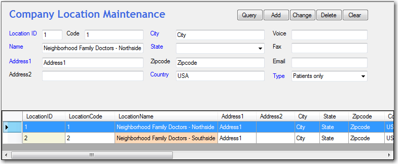 Apex LIS location maintenance screenshot