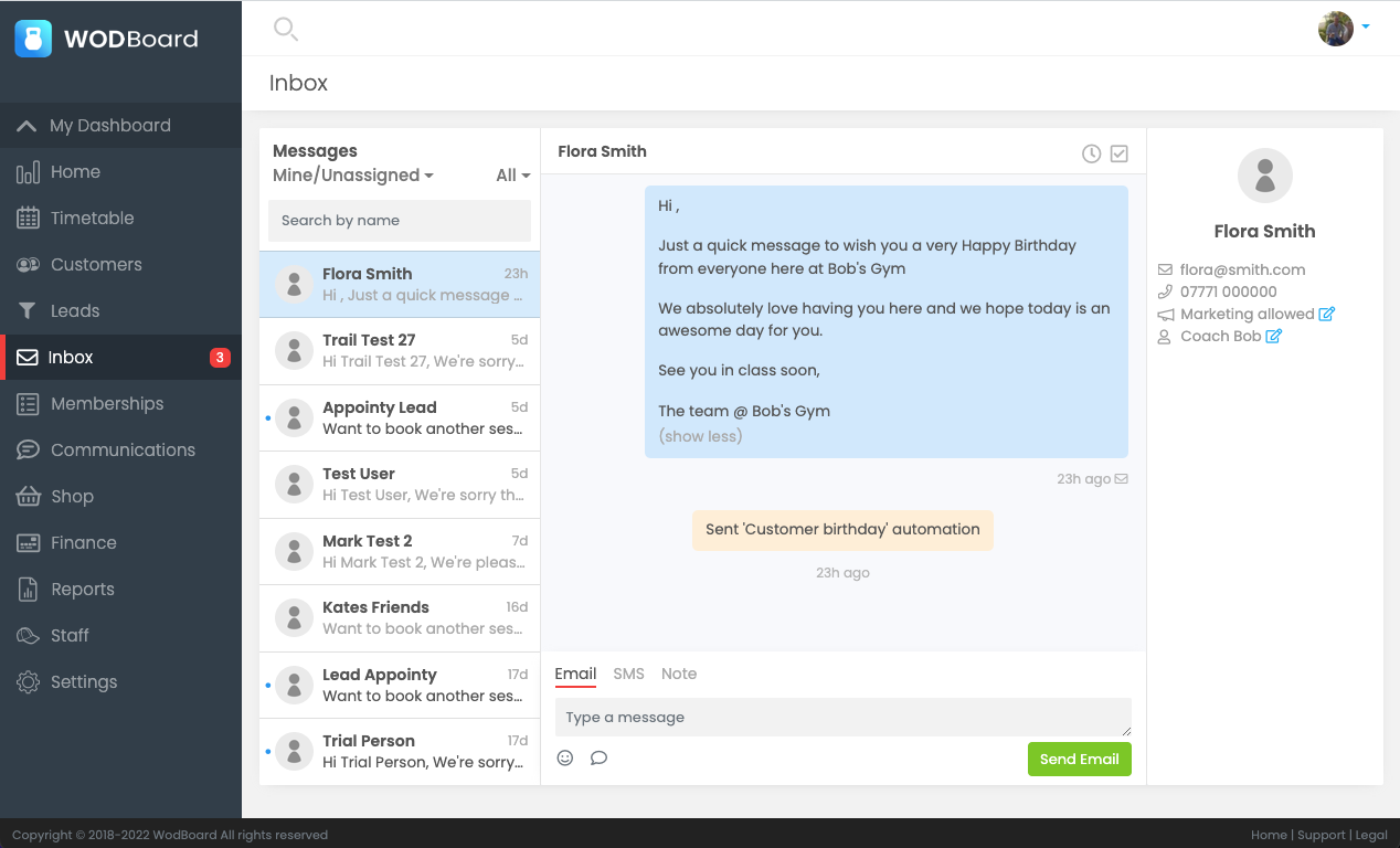 A CRM system to message customers automatically via email or SMS