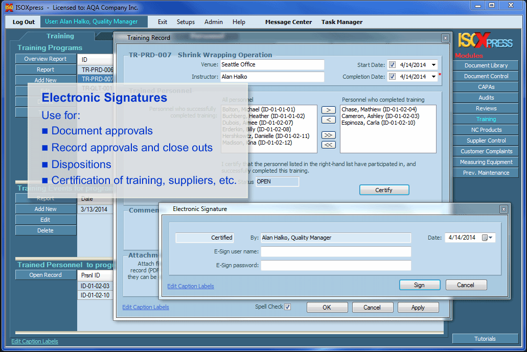 IMSXpress ISO 9001 electronic signature screenshot.