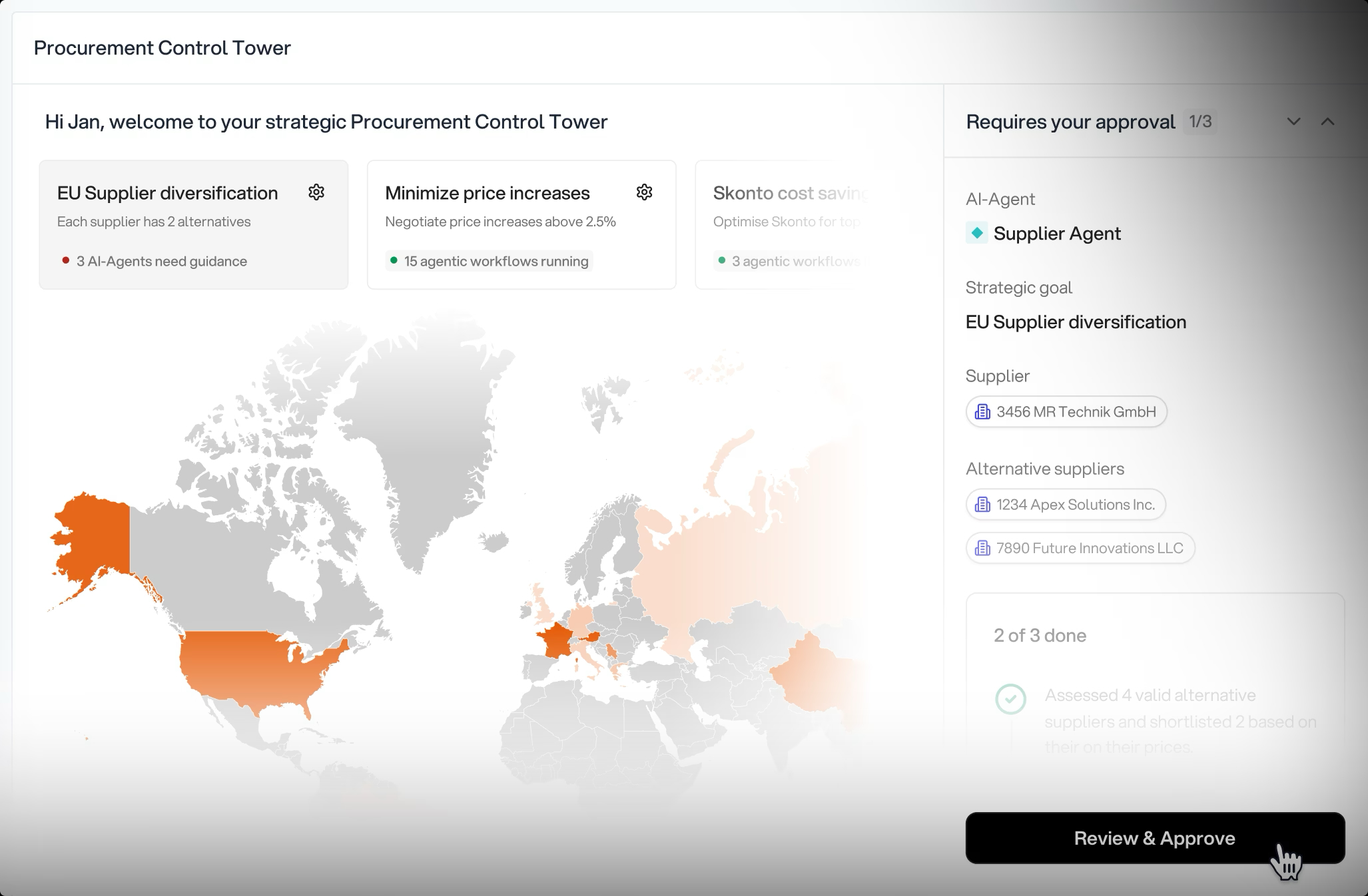 Tacto screenshot: AI agents automate direct procurement, identifying savings and ensuring supply chain resilience.