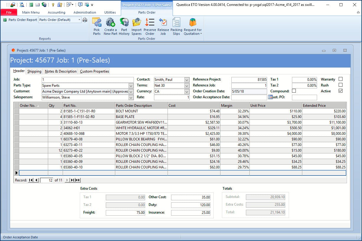 Total ETO Software - Parts Orders