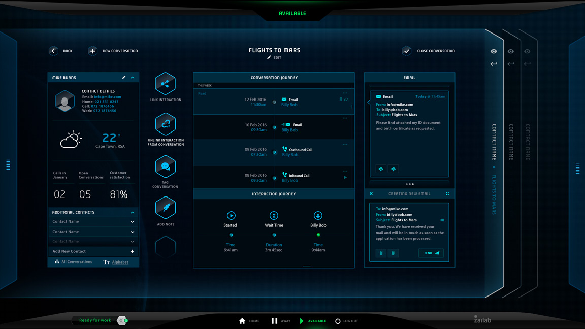 ZaiConversations screenshot: View conversation cards and information on what the weather is like at the caller's end