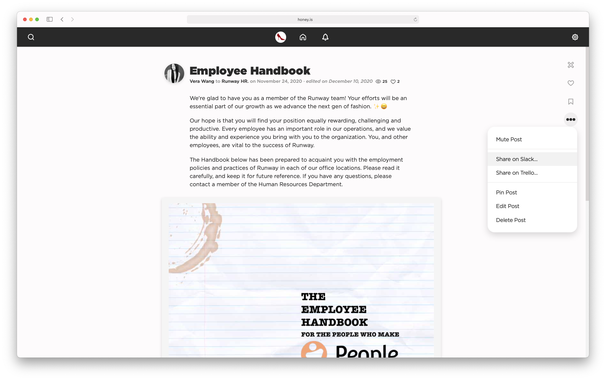 Posts can be shared directly to Slack with an automated workflow, or on the fly as needed.