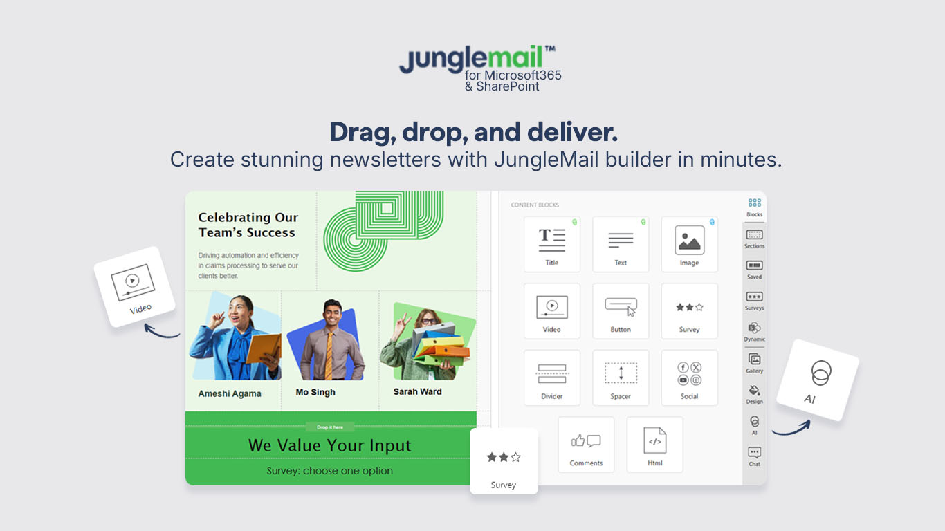 JungleMail screenshot: Turn ideas into stunning employee newsletters in minutes with JungleMail’s intuitive drag-and-drop builder.