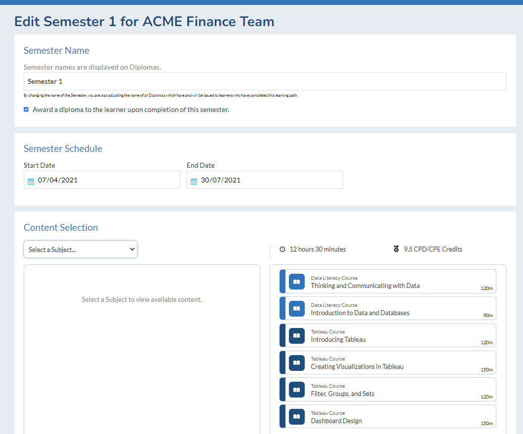 Kubicle Software - Admin dashboard - creating semesters