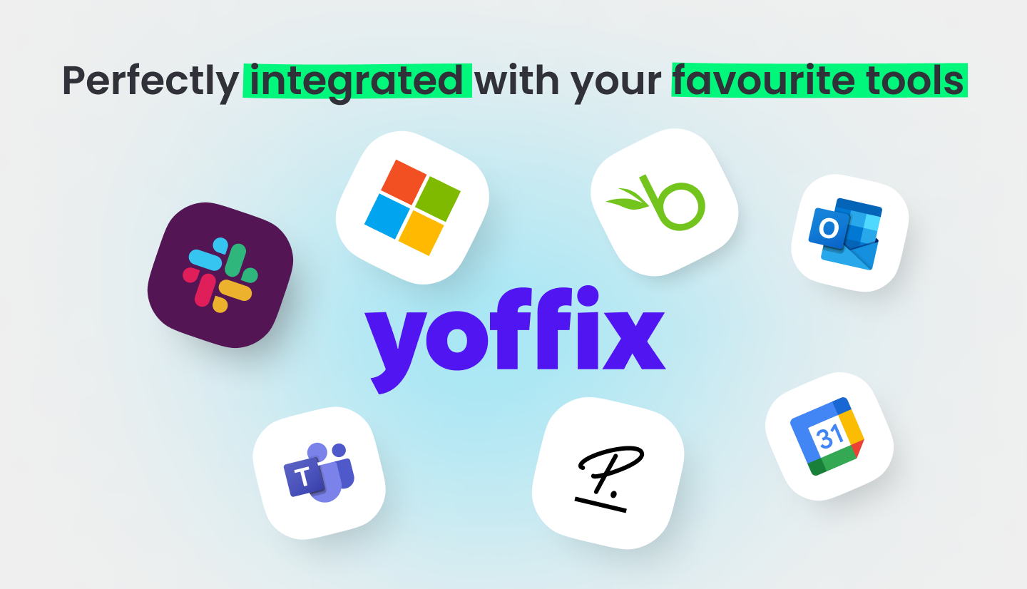 yoffix Software - Simple onboarding of employees and great tool acceptance thanks to SSO and multiple integrations we offer. Use Yoffix in MS Teams or Slack, on desktop or mobile.