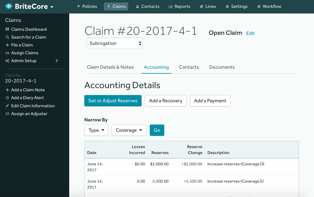 Claims accounting details