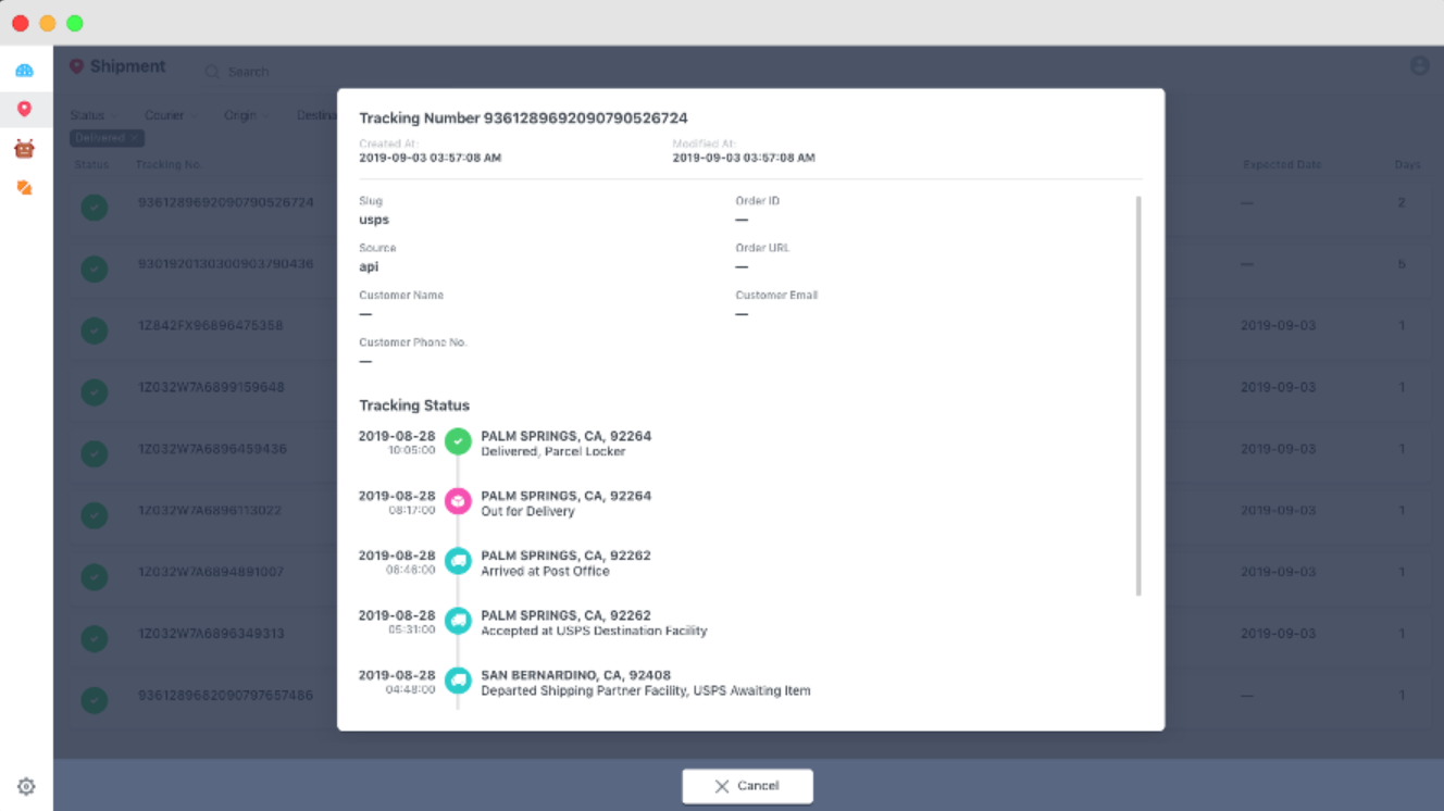 Trackhive shipment tracking status