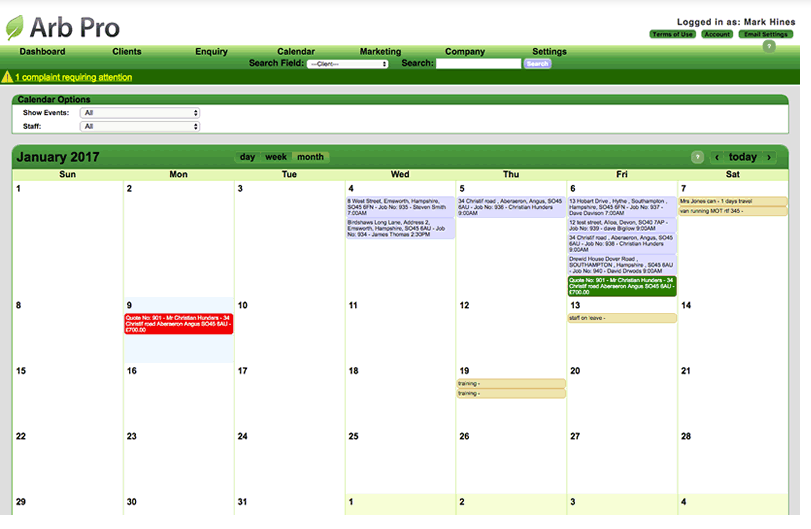 Arb Pro Software - Arb Pro includes an internal calendar to manage tree work appointments and ad-hoc appointments like holiday leave