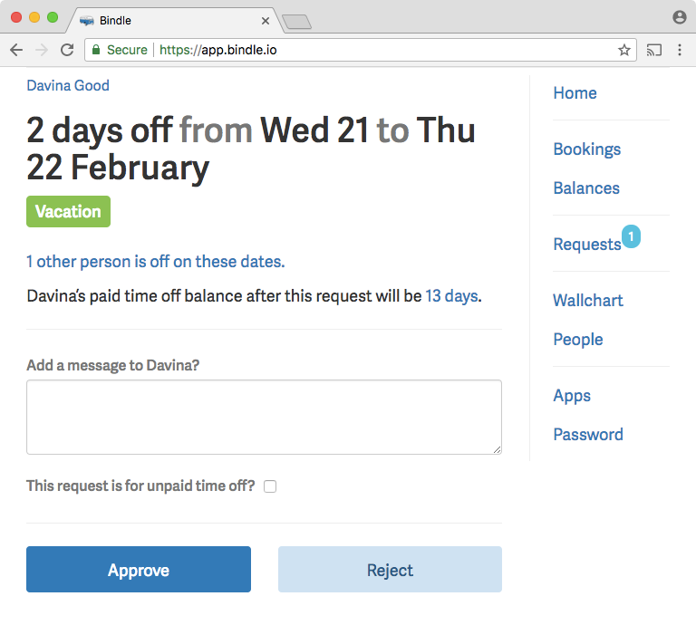 Bindle Software - When viewing a time-off request in Bindle, approvers are shown how many other employees are off on those dates.