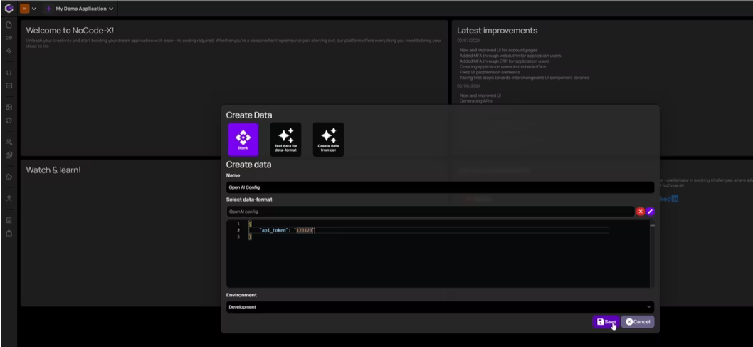 NoCode-X screenshot: NoCode-X data creation