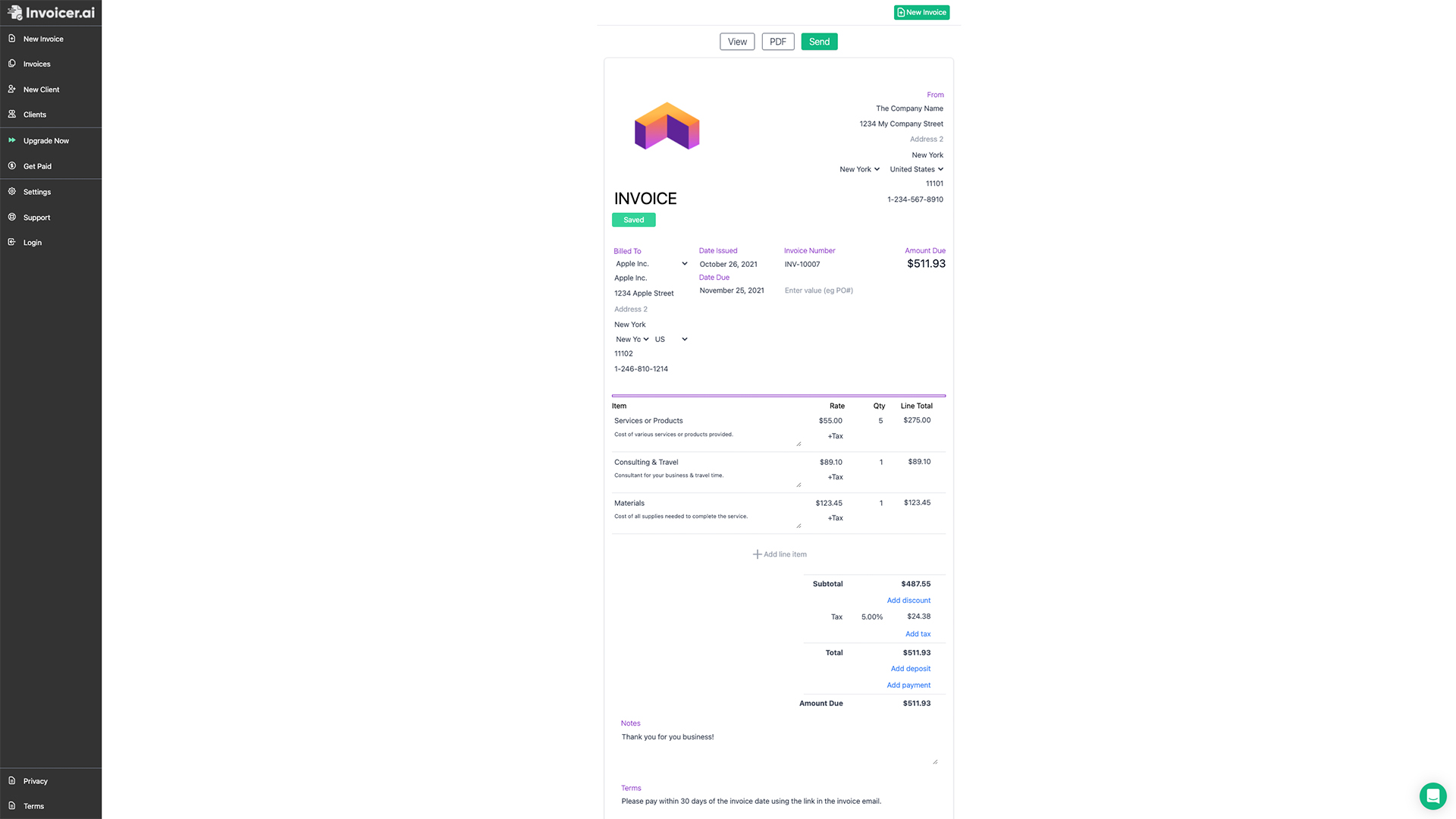 Our intuitive inline editor is simple and allows you to craft stunning invoices in seconds.