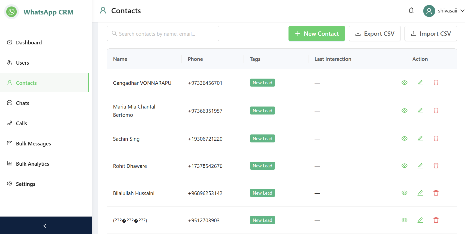 WhatZCRM screenshot: WhatZCRM dashboard