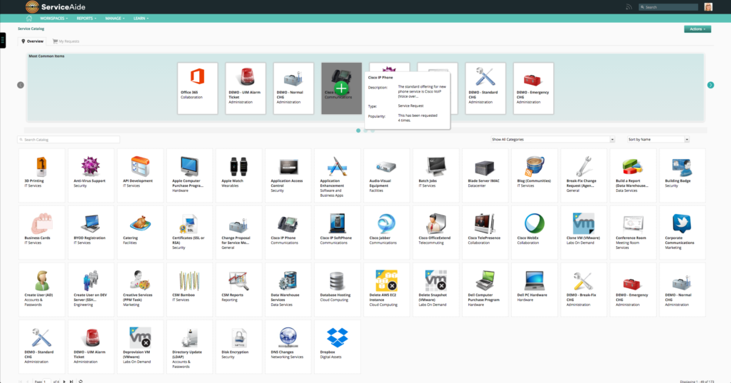 The service storefront provides access to various IT and business services to users