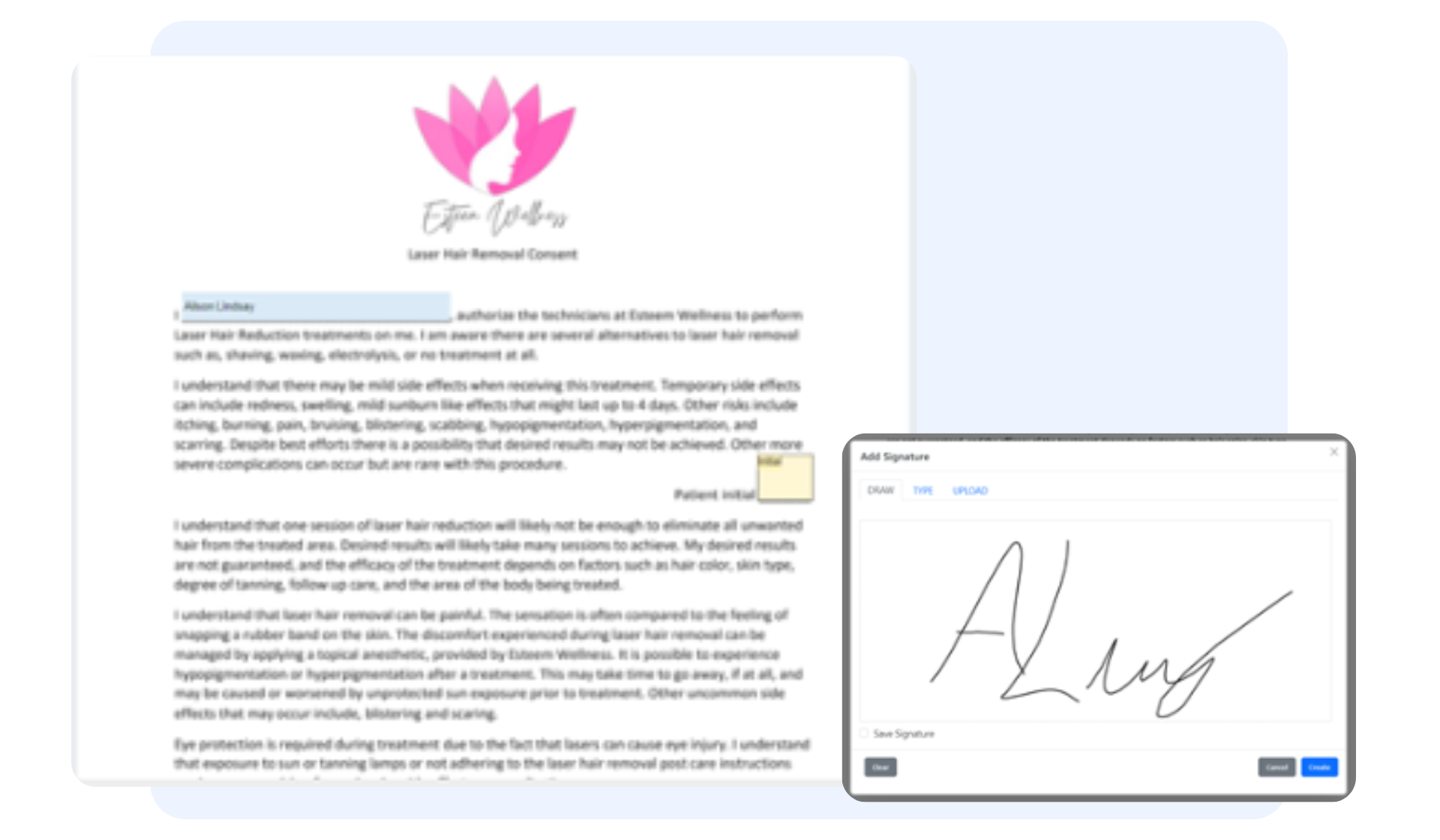 Wylie for Weight Loss screenshot: Create custom automated documents and easily email consent and intake forms and have clients simply sign right from their browser.