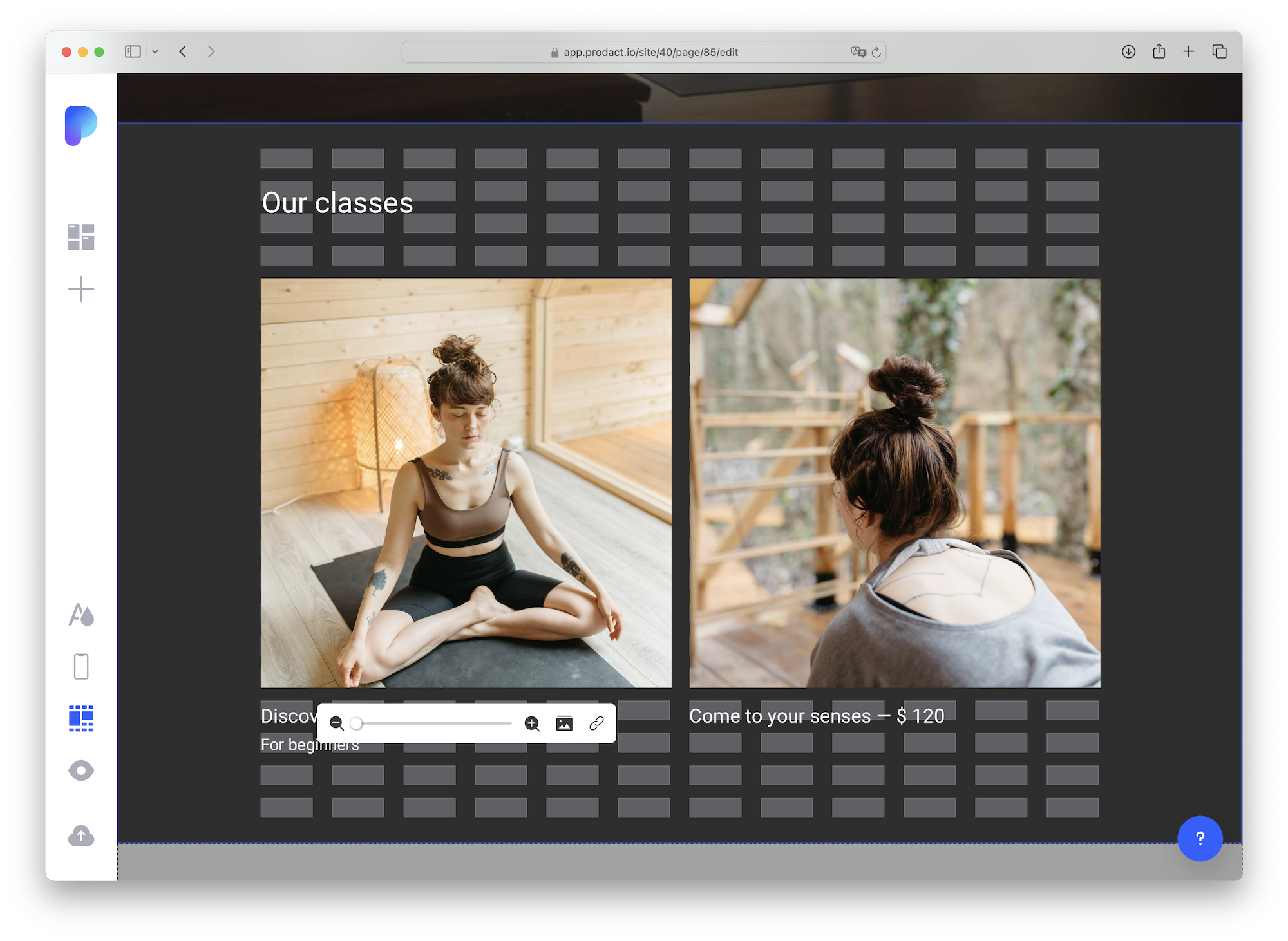 Switch between three editing modes: Free Mode for moving elements around the site, Grid Mode for adding and arranging elements on a grid, and Edit Mode for changing texts and images.