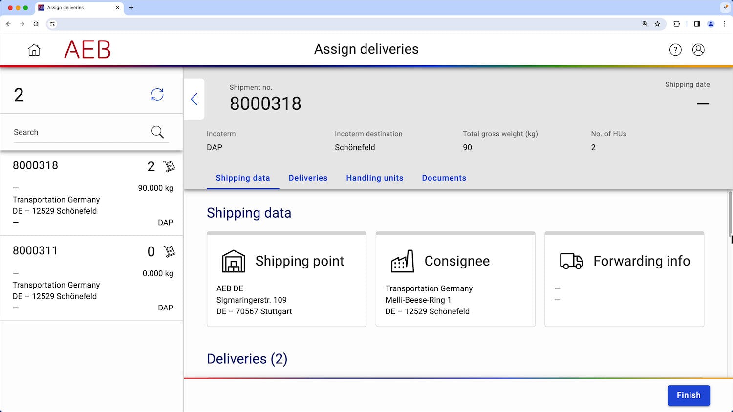 AEB Transportation Management System Software - Assigning and consolidating deliveries. 
Assign deliveries manually and consolidate into a single shipment.