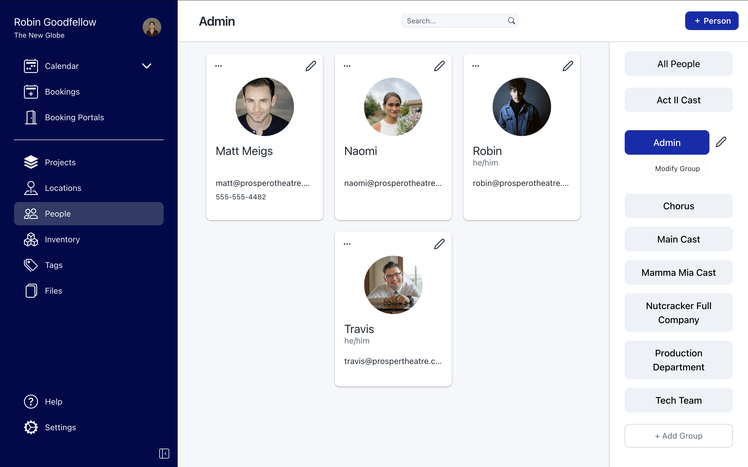 Prospero Software - People resource page, viewing the admin team