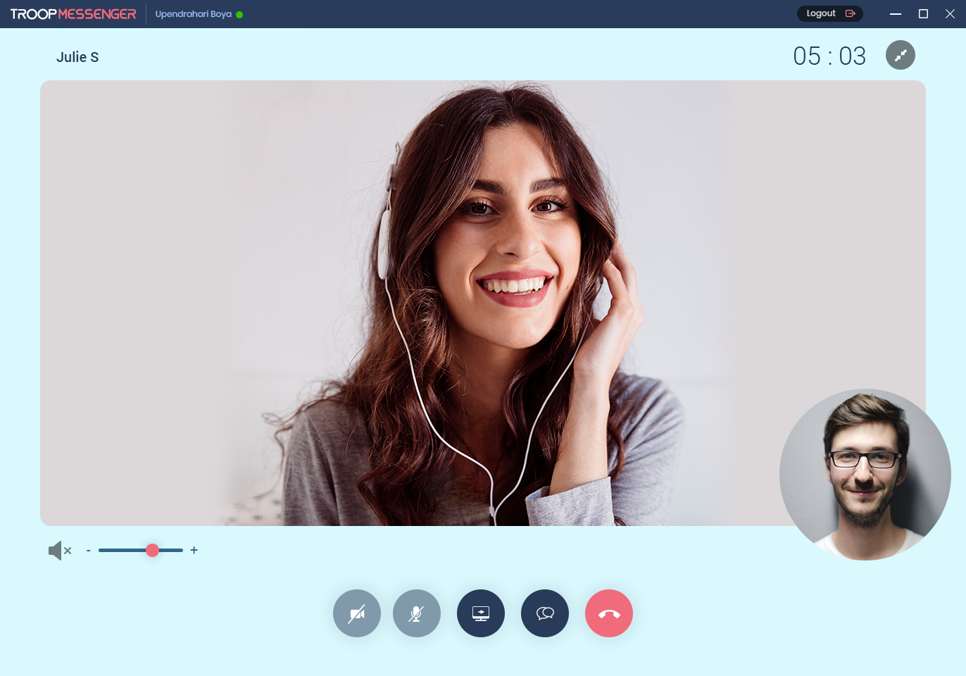 Troop Messenger Software - The video call interface lets users make audio/video calls and send text messages during the call