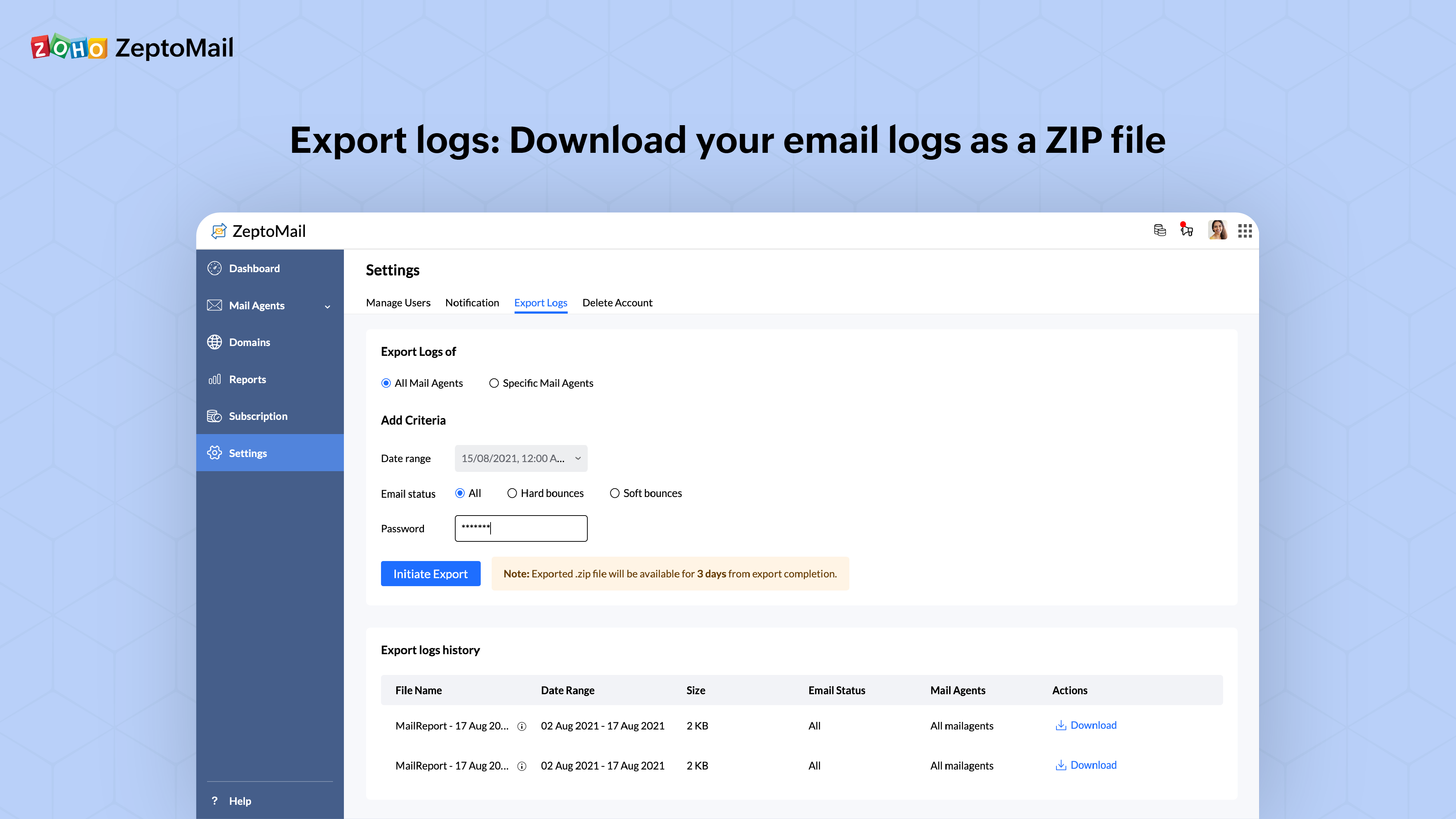 Export logs: Download your email logs as a ZIP file