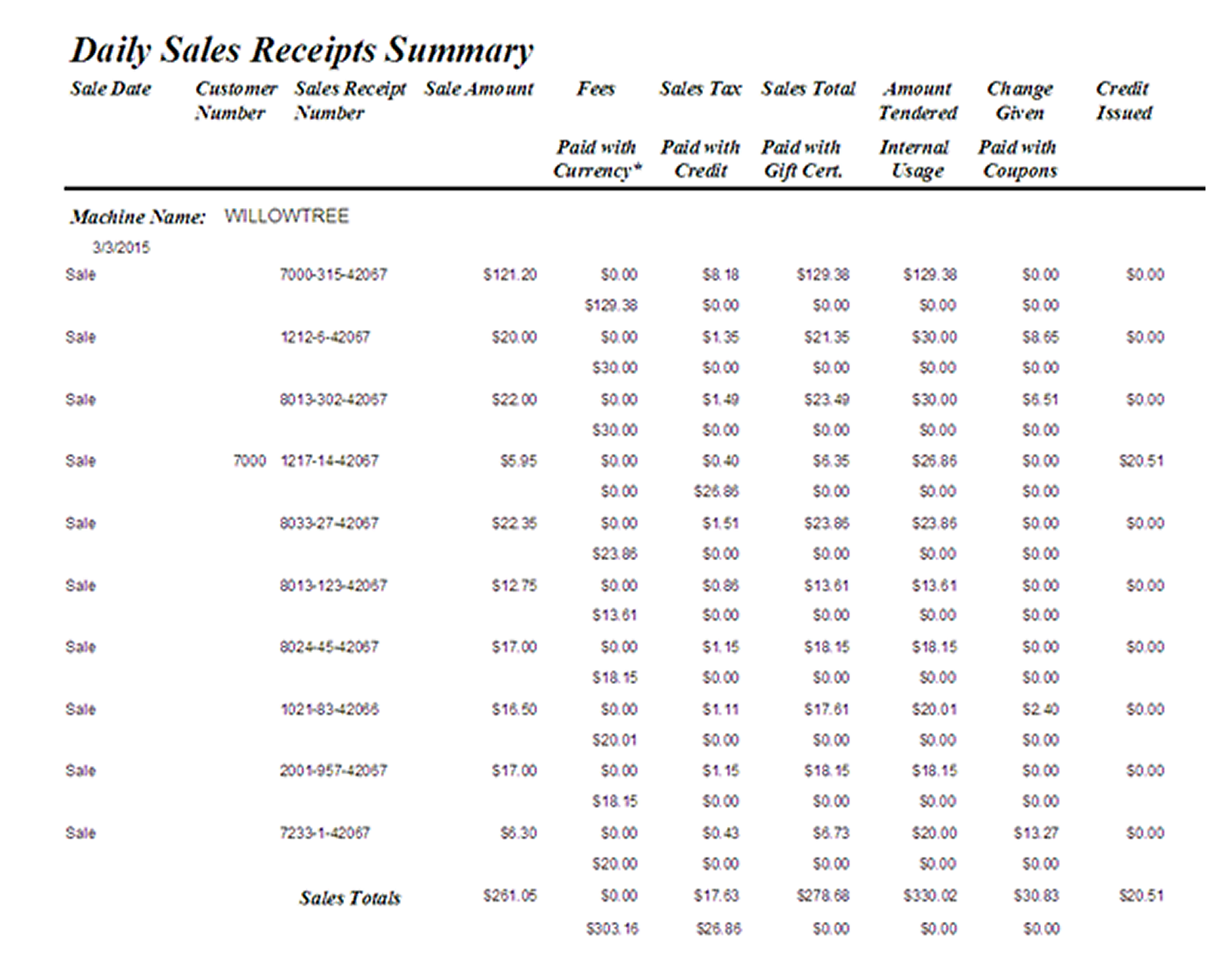 Example Daily Sales Receipts Report