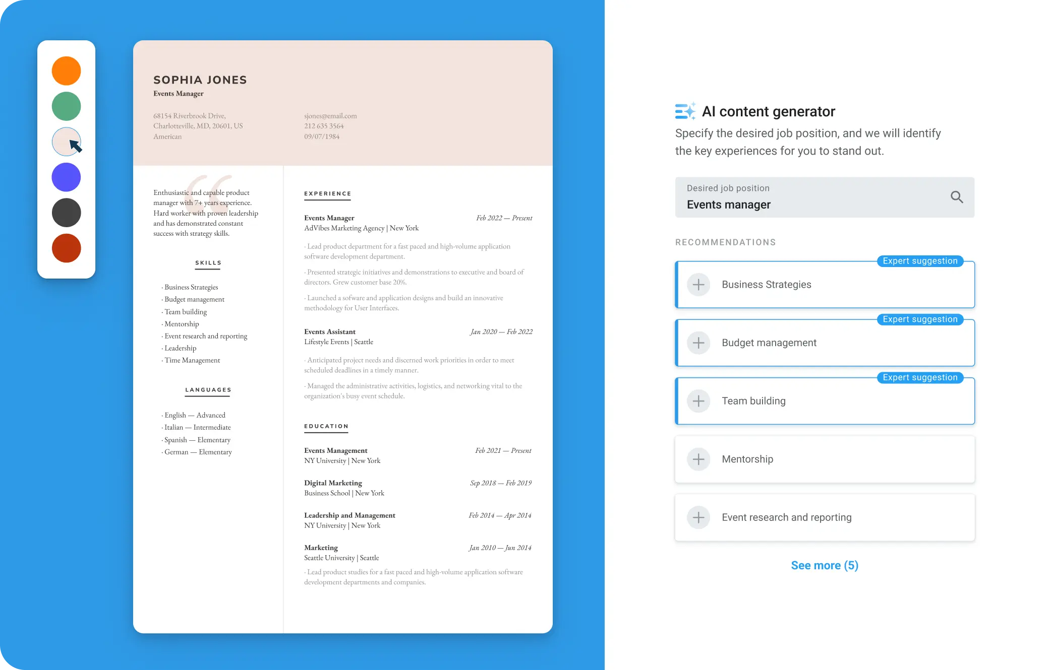 ResumeCoach screenshot: ResumeCoach AI content generation