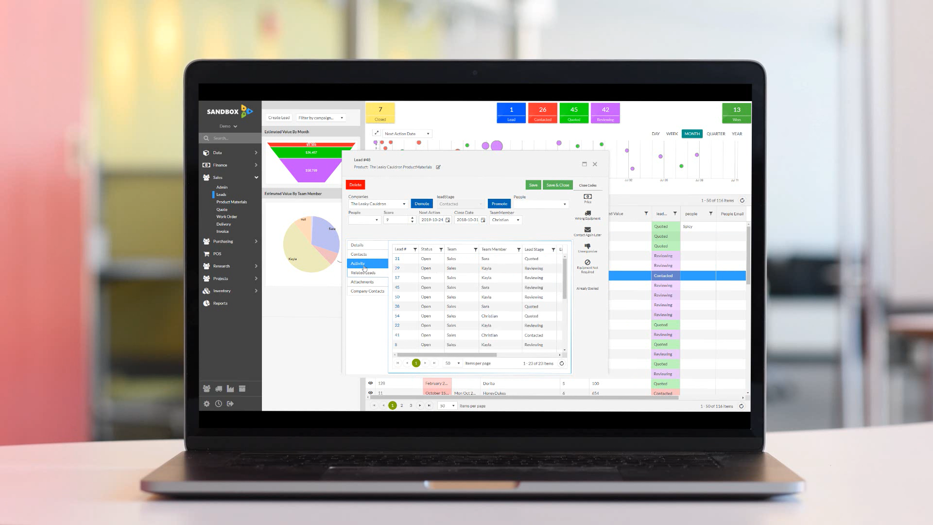Sandbox Platform screenshot: Sales CRM Screen for pipeline management.