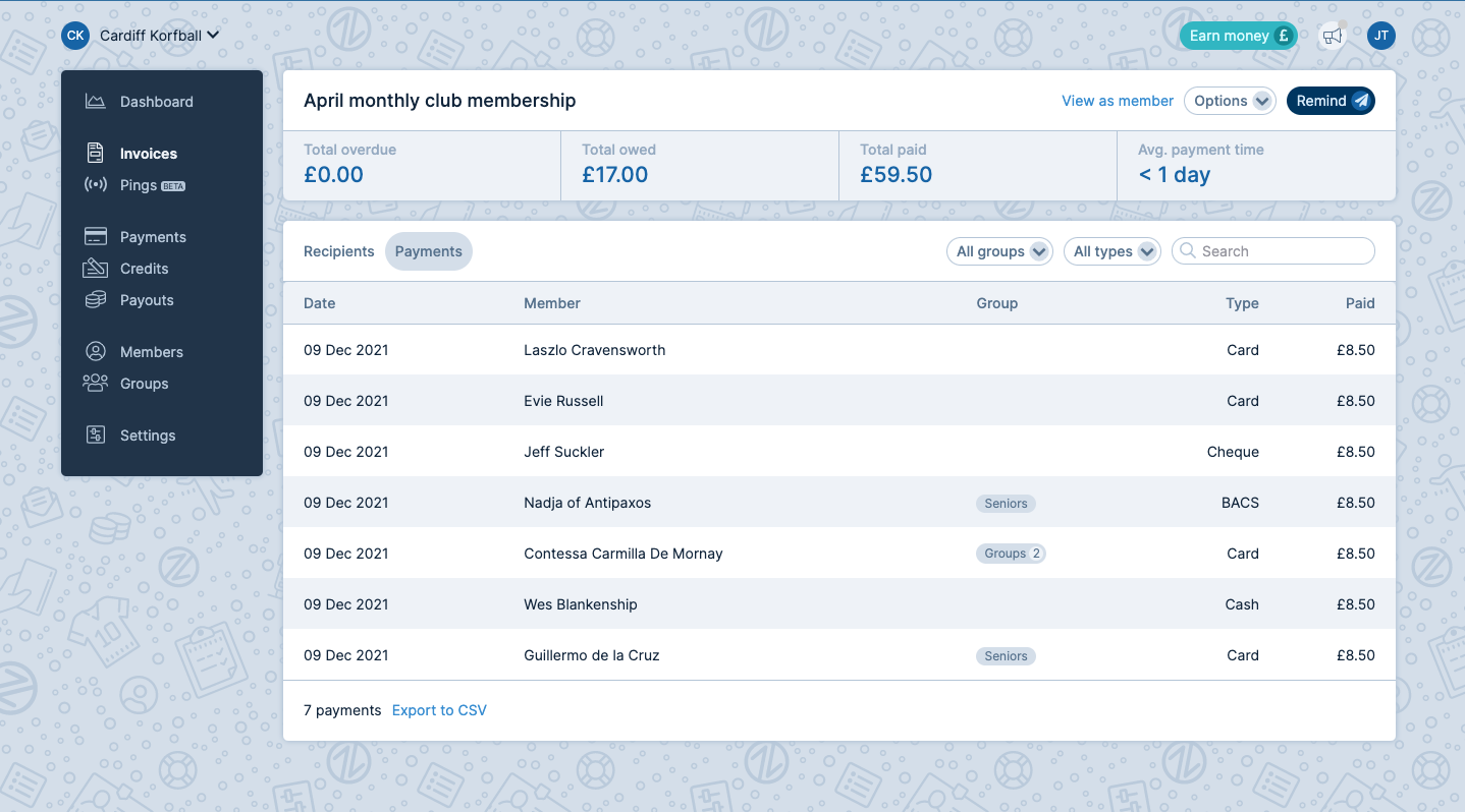 Payzip screenshot: Payzip Invoices