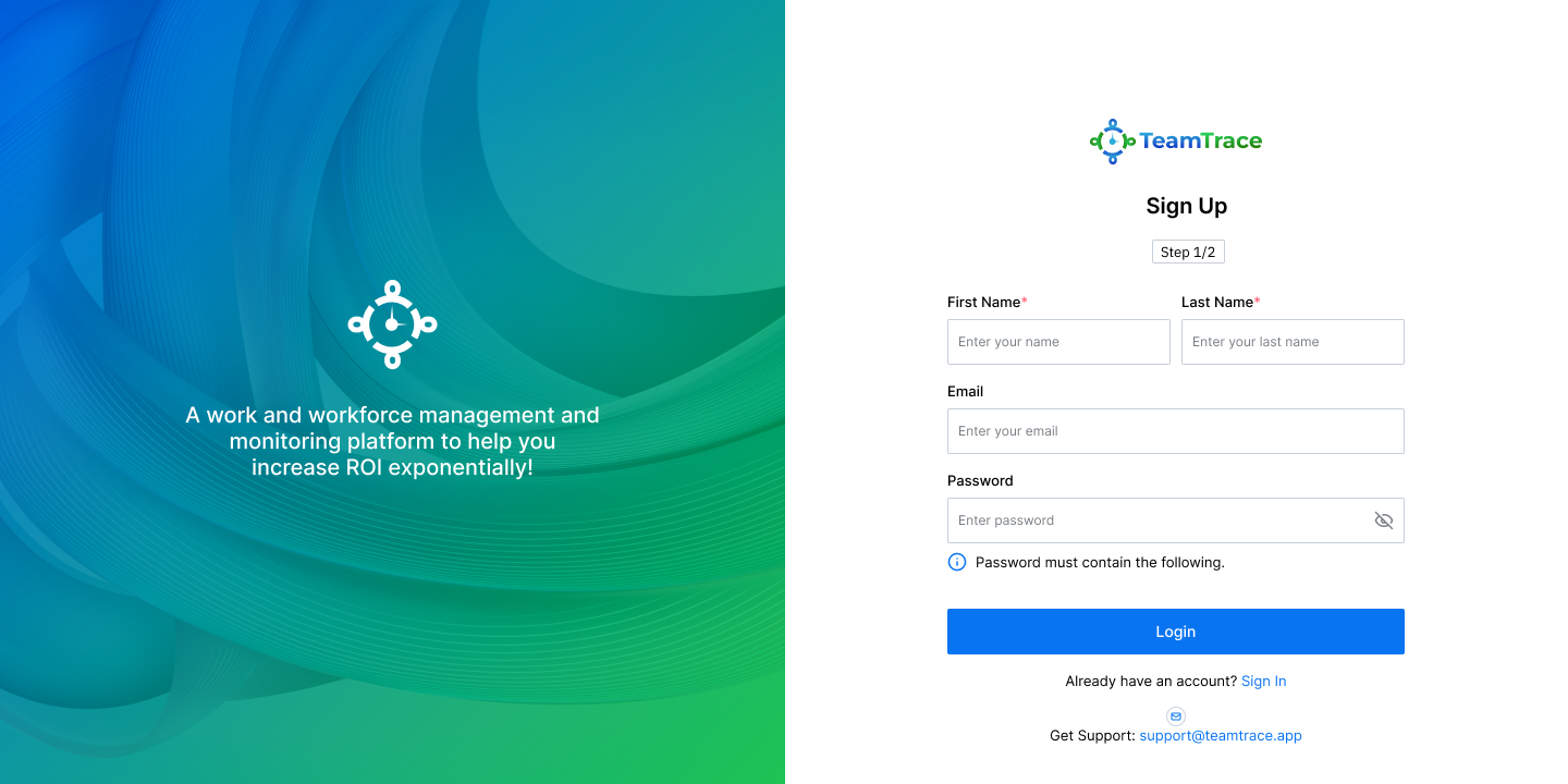 TeamTrace screenshot: sign up page