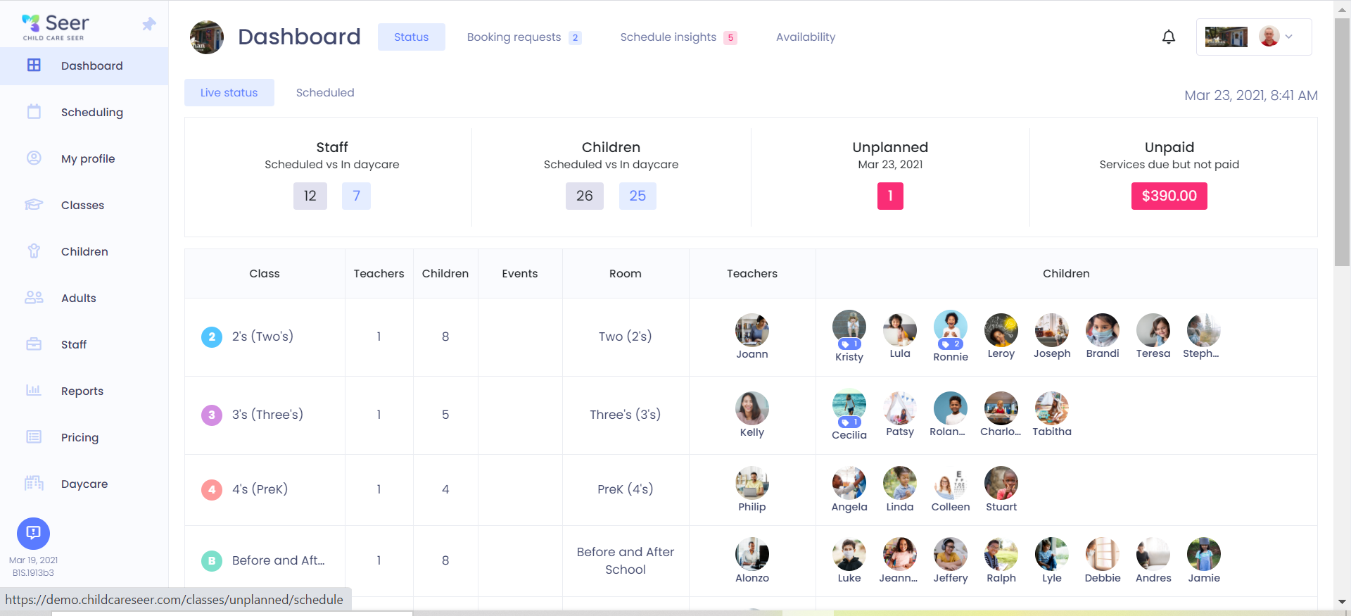Child Care Seer screenshot: Child Care Seer dashboard