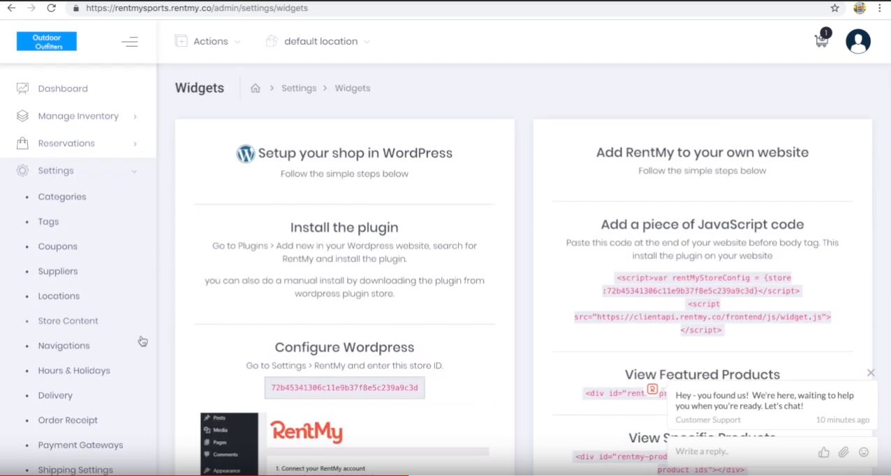 RentMy Software - Widgets enable the management website integrations via JavaScript code and plugin