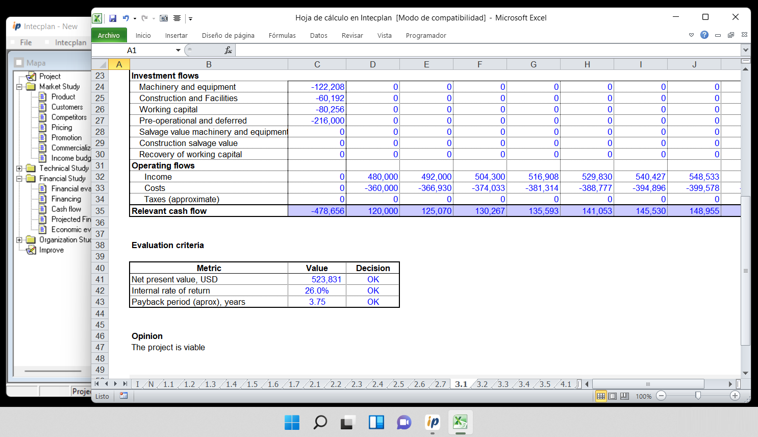 Excel Sheet. The financial projection obtains the profitability criteria NPV, IRR, recovery time, expected by the market. If you make changes to the budgets, you can check that they maintain the profitability acceptable to the market.