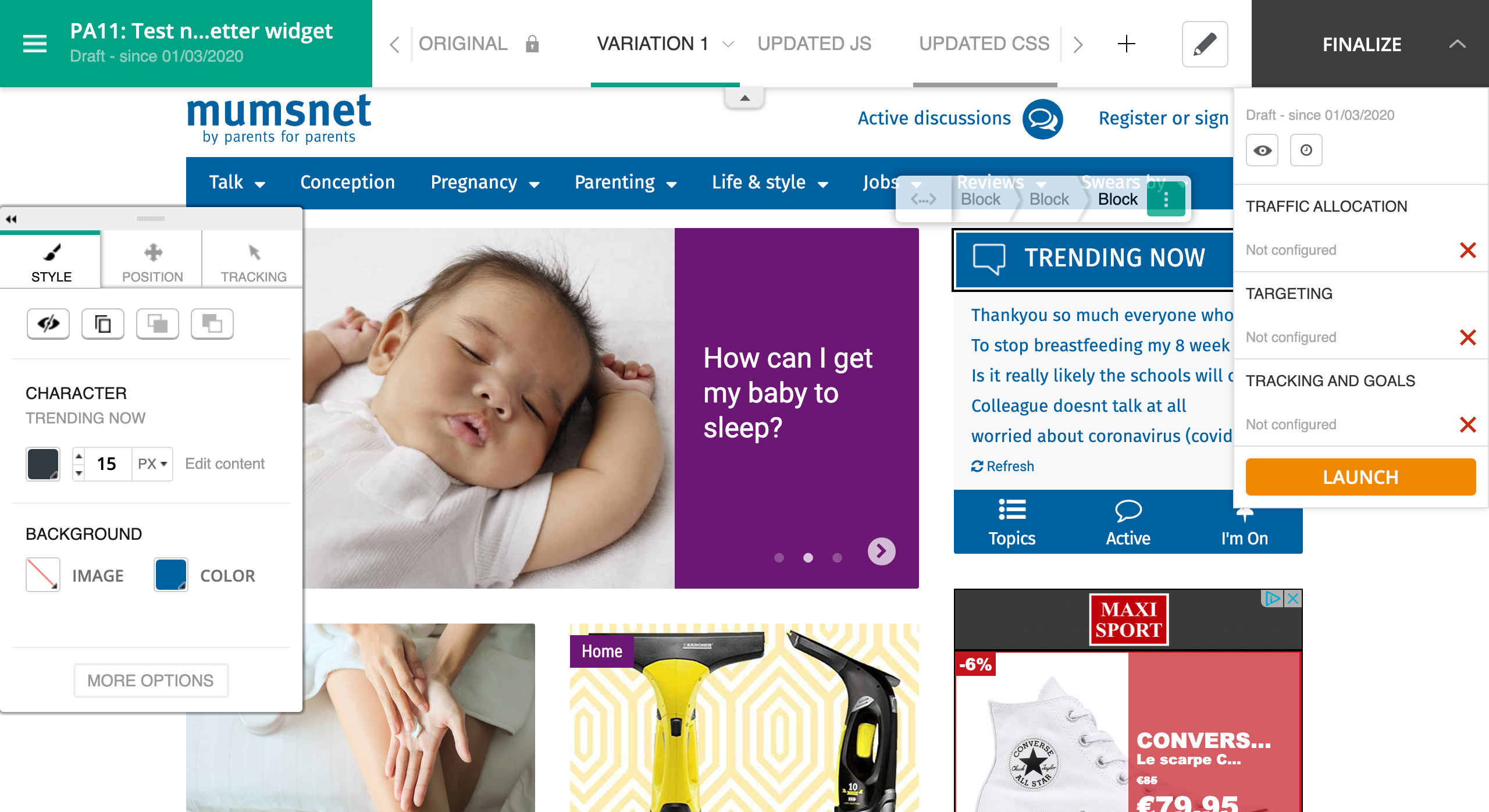 Kameleoon A/B testing editor