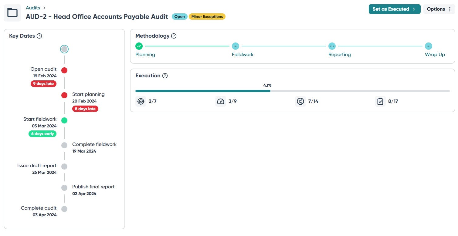 Ideagen Internal Audit Software - Audit-Tracking-Dashboard: Track key dates, step-by-step audit methodology and audit execution on one screen.