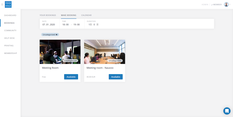 Cobot screenshot: The member view of available resources (like meeting rooms, desks, or shared spaces).