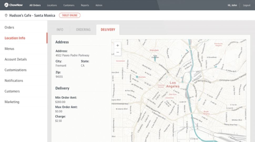 ChowNow Software - ChowNow view delivery locations