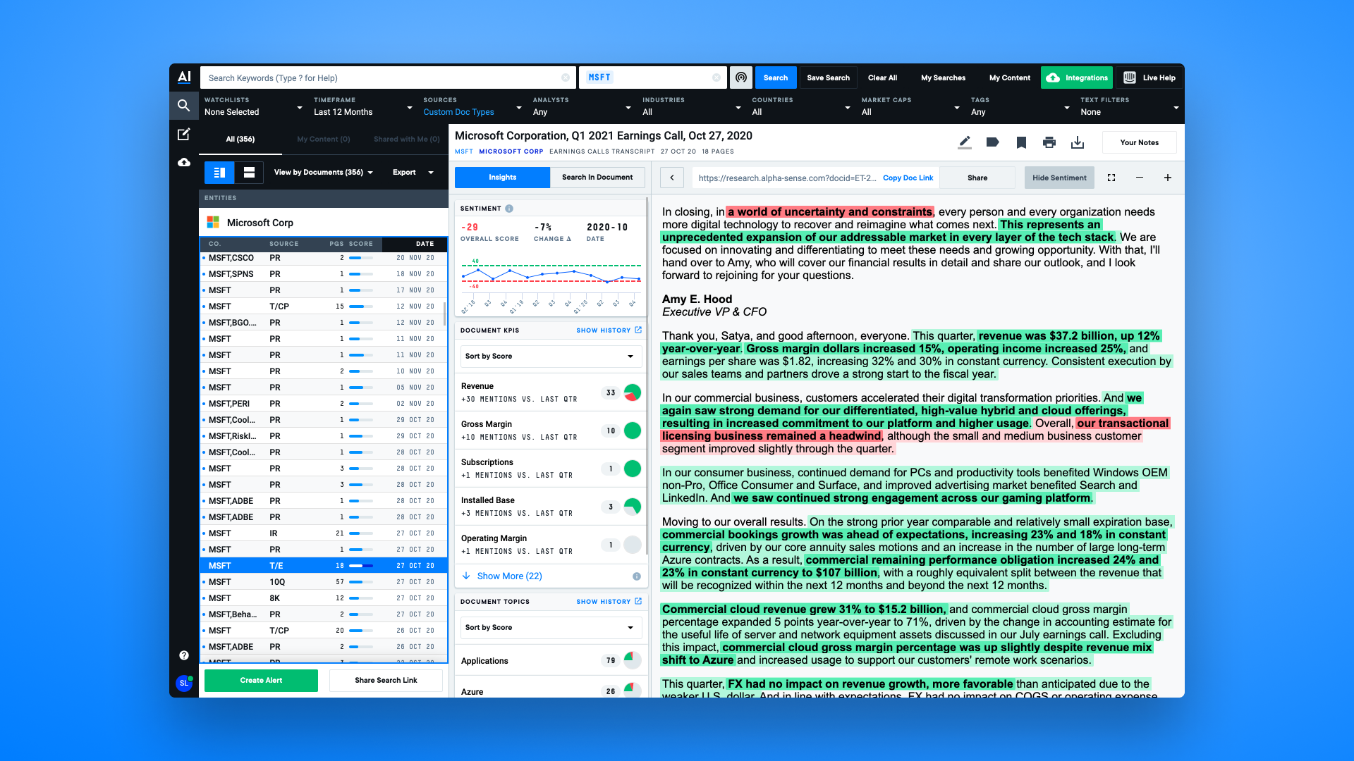 Stay ahead of market-moving trends and instantly surface critical information buried within millions of documents. Use AI to search across 2,000+ premium business data sources including SEC filings, earnings calls, broker research, journals and news.