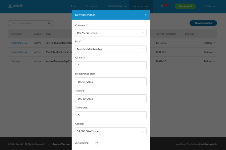Manage subscription information and set up recurring billing