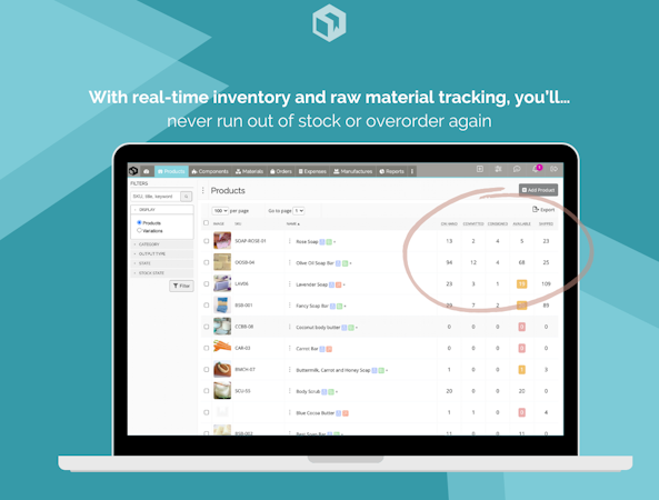 Craftybase screenshot: Raw material and manufacturing tracking
