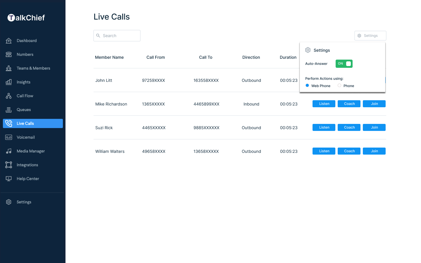 The TalkChief live calls dashboard offers a real-time snapshot of ongoing call activity. It provides instant insights into call volumes, durations, and participant information, allowing users to monitor and manage calls effectively