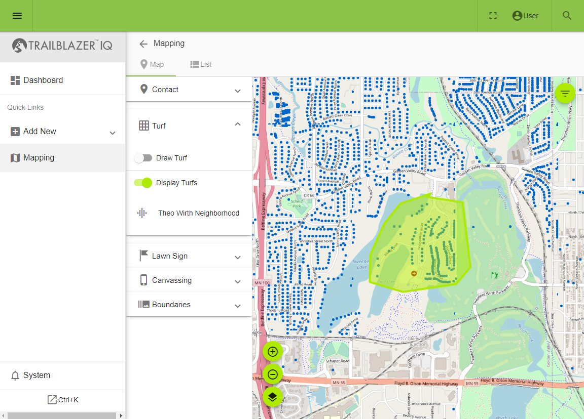 Turf-cutting and mobile canvassing tools are built-in.