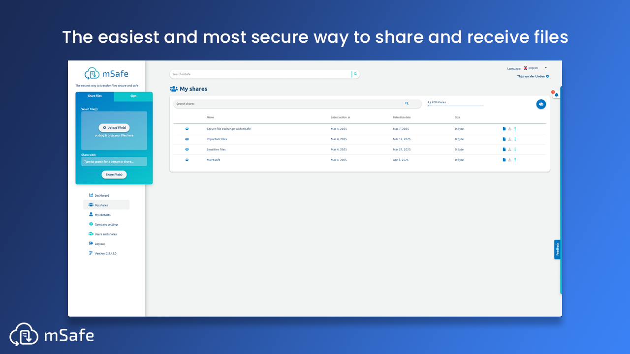 mSafe screenshot: Dashboard for easy and secure file sharin