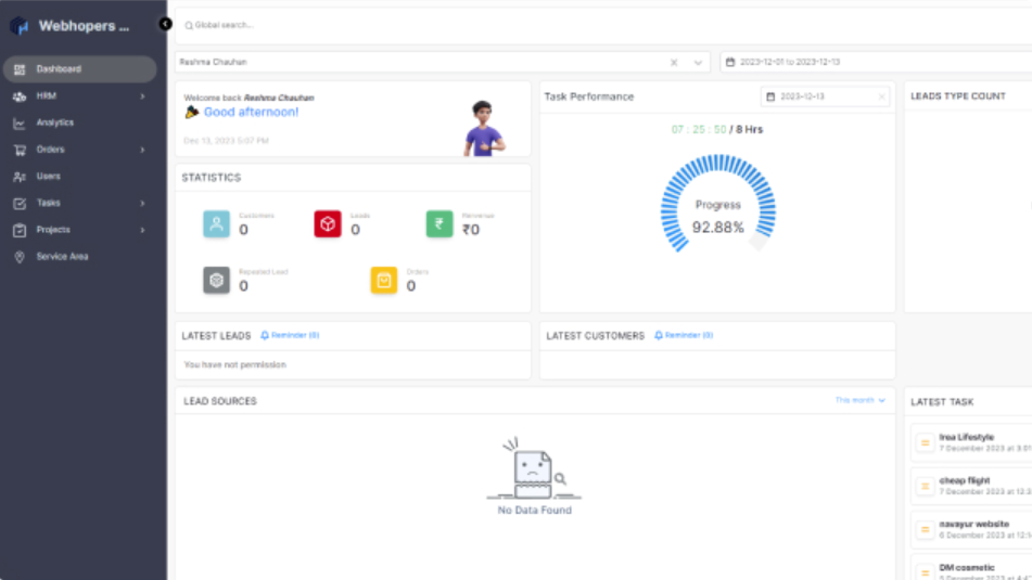 WHSuites screenshot: WHSuites CRM Dashboard