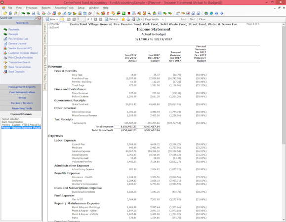 CenterPoint Fund Accounting for Nonprofits screenshot: Actual to Budget Income Statement