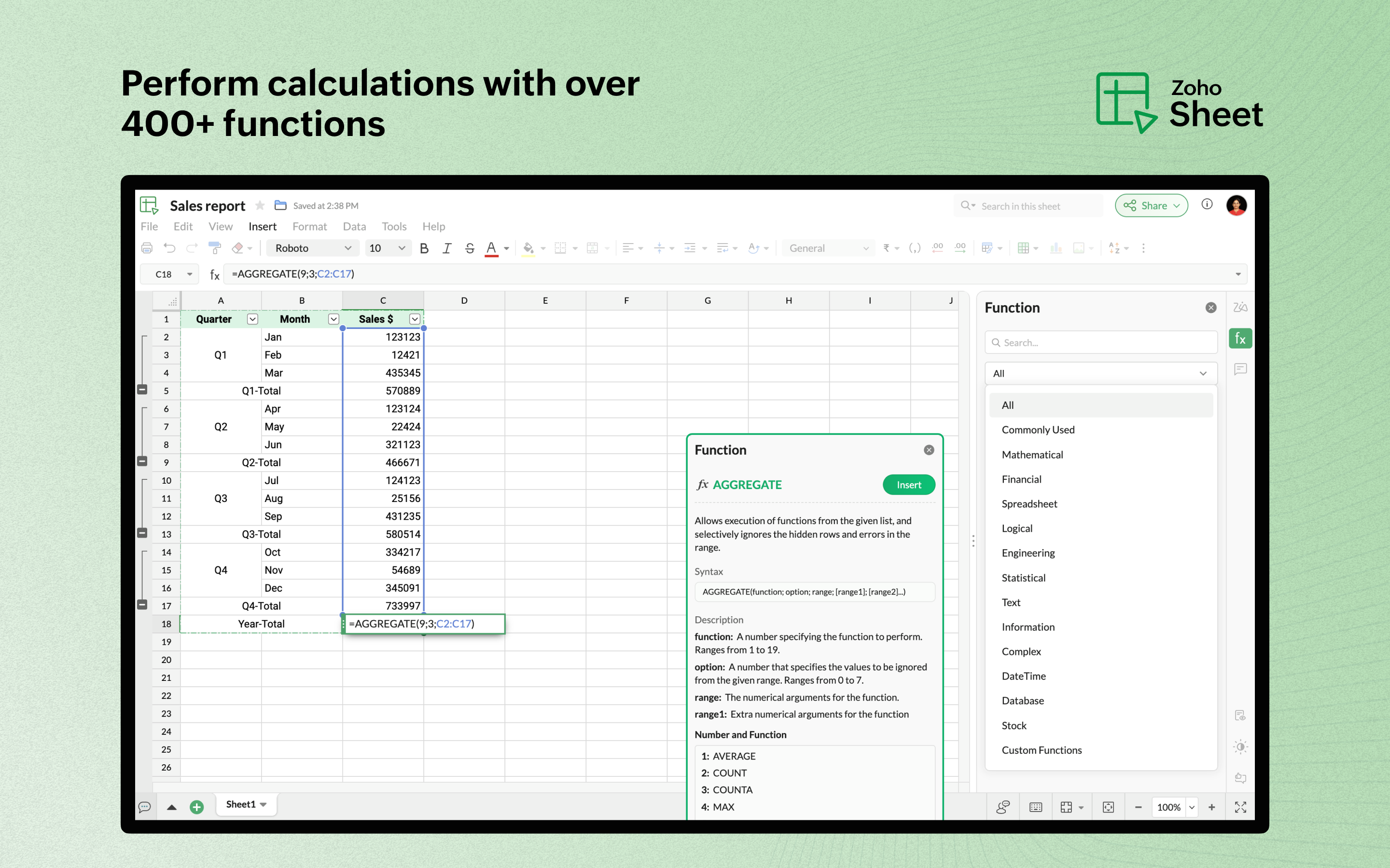 Zoho Sheet Software - 400+ in-built functions for spreadsheet calculations - thumbnail