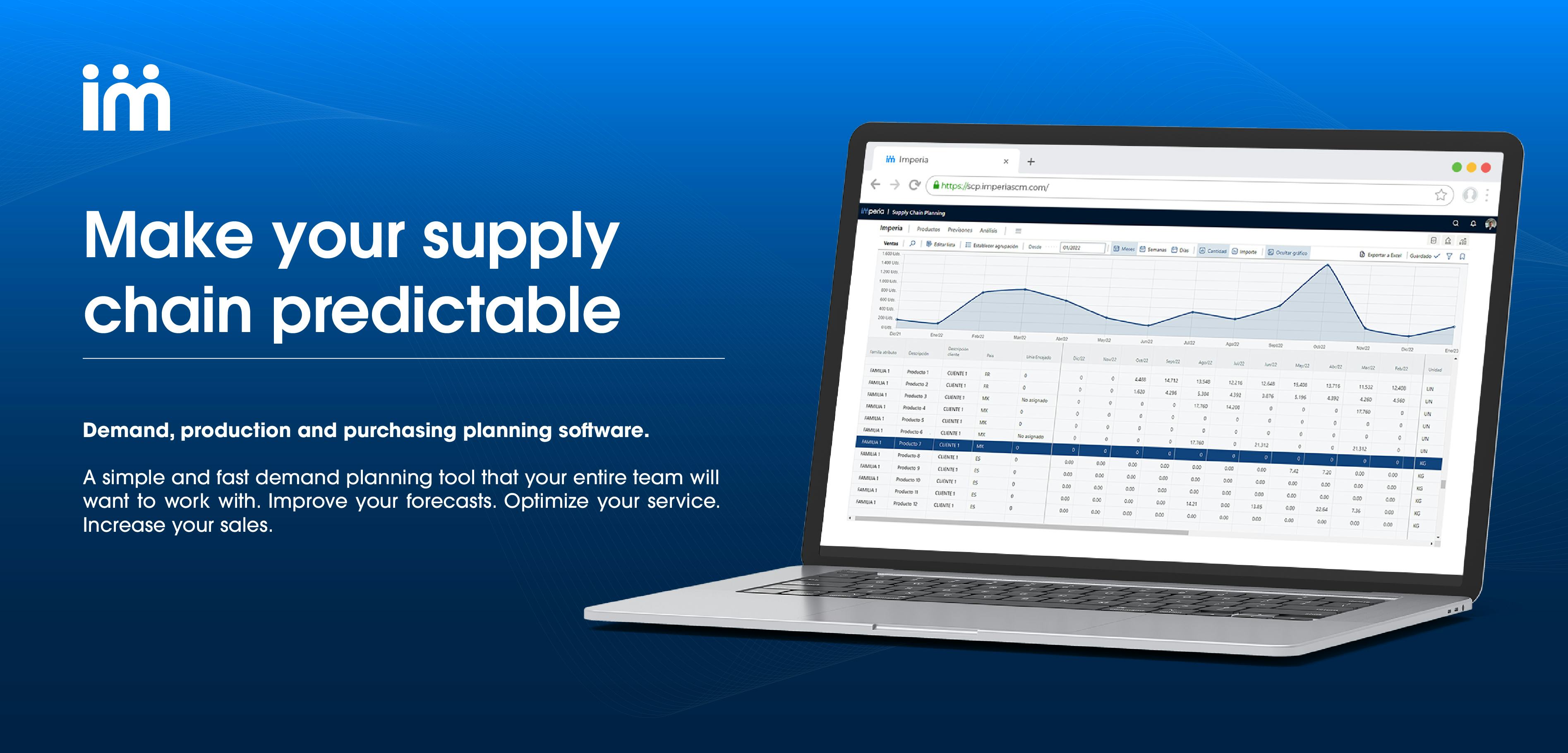 Imperia Software - Make your supply chain predictable: Demand, production and purchasing planning software. A simple and fast demand planning tool that your entire team will want to work with. Improve your forecasts. Optimize your service. Increase your sales.