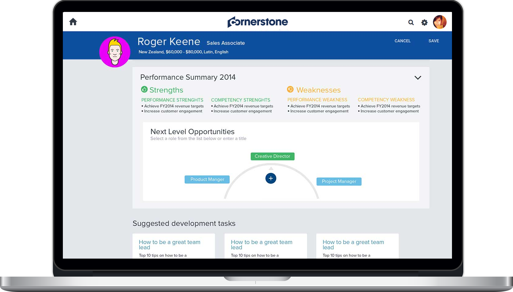 Performance Summary provides in-depth details such as strengths and weaknesses, next-level opportunities and suggested development tasks.