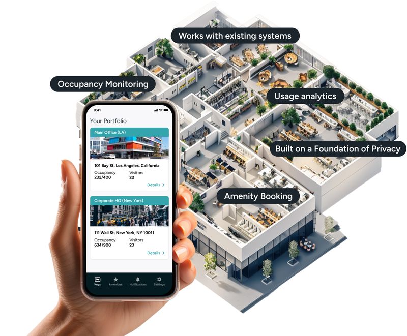 Integrate with your existing access control and other building systems for real-time occupancy monitoring, usage analytics, and amenity booking—all with a commitment to privacy. Manage smarter, not harder.